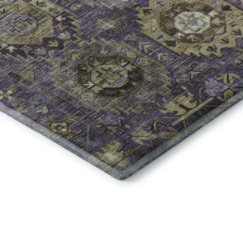 Eggplant And Green Medallion Washable Area Rug With UV Protection Photo 7