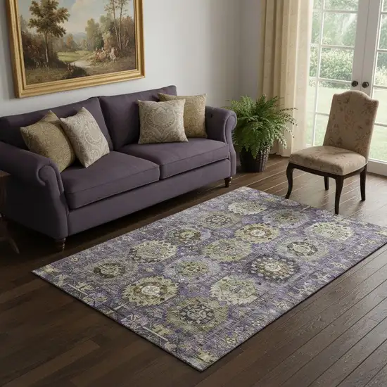 Eggplant And Green Medallion Washable Area Rug With UV Protection Photo 2