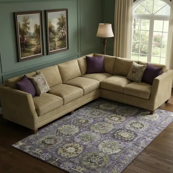 Eggplant And Green Medallion Washable Area Rug With UV Protection Photo 2