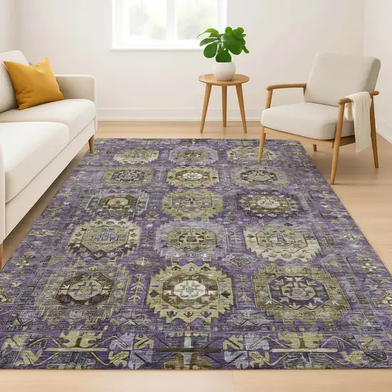 Eggplant And Green Medallion Washable Area Rug With UV Protection Photo 5
