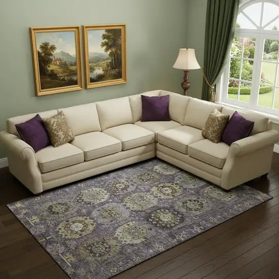 Eggplant And Green Medallion Washable Area Rug With UV Protection Photo 2