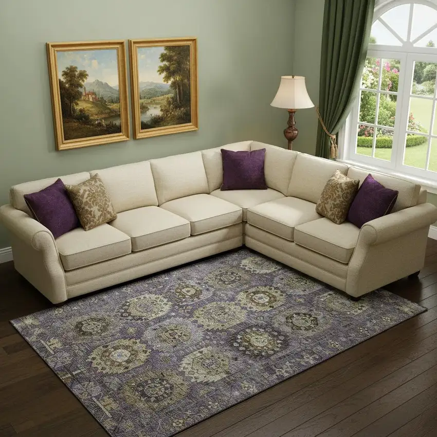 Eggplant And Green Medallion Washable Area Rug With UV Protection Photo 2