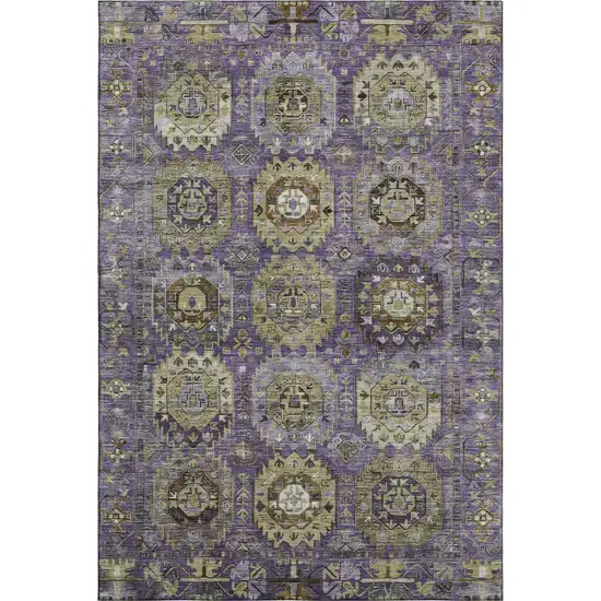 Eggplant And Green Medallion Washable Area Rug With UV Protection Photo 1