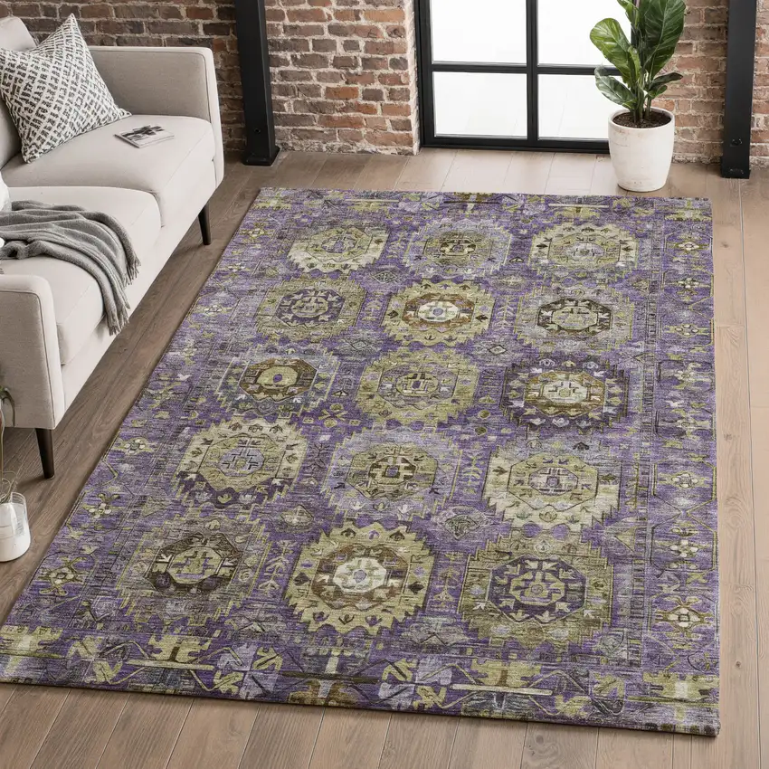 Eggplant And Green Medallion Washable Area Rug With UV Protection Photo 5