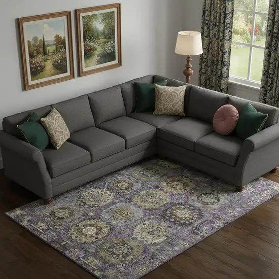 Eggplant And Green Medallion Washable Area Rug With UV Protection Photo 2