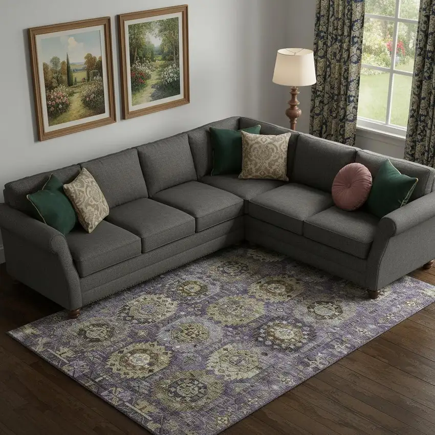 Eggplant And Green Medallion Washable Area Rug With UV Protection Photo 2