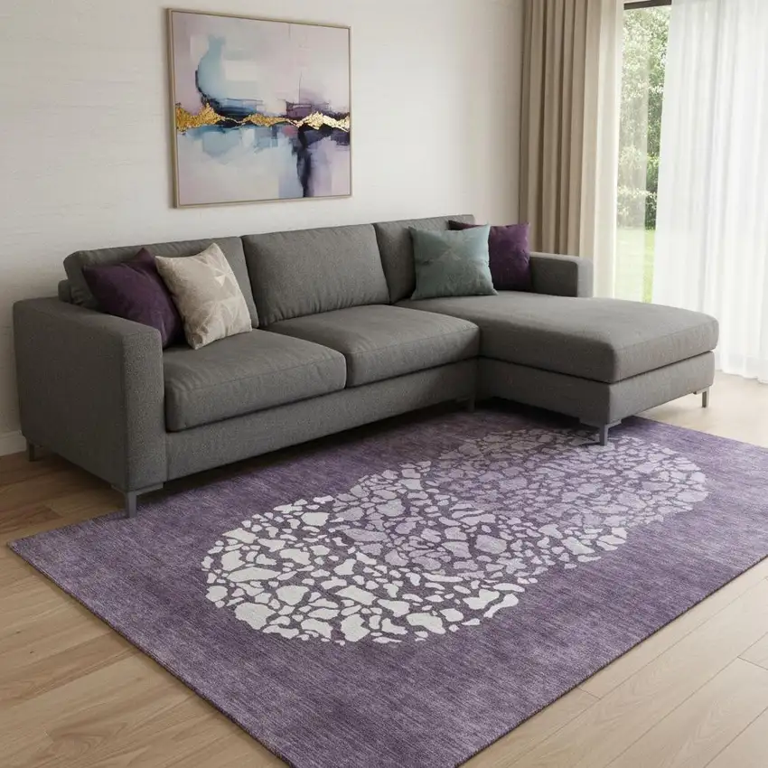 Eggplant And Ivory Abstract Washable Area Rug With UV Protection Photo 1