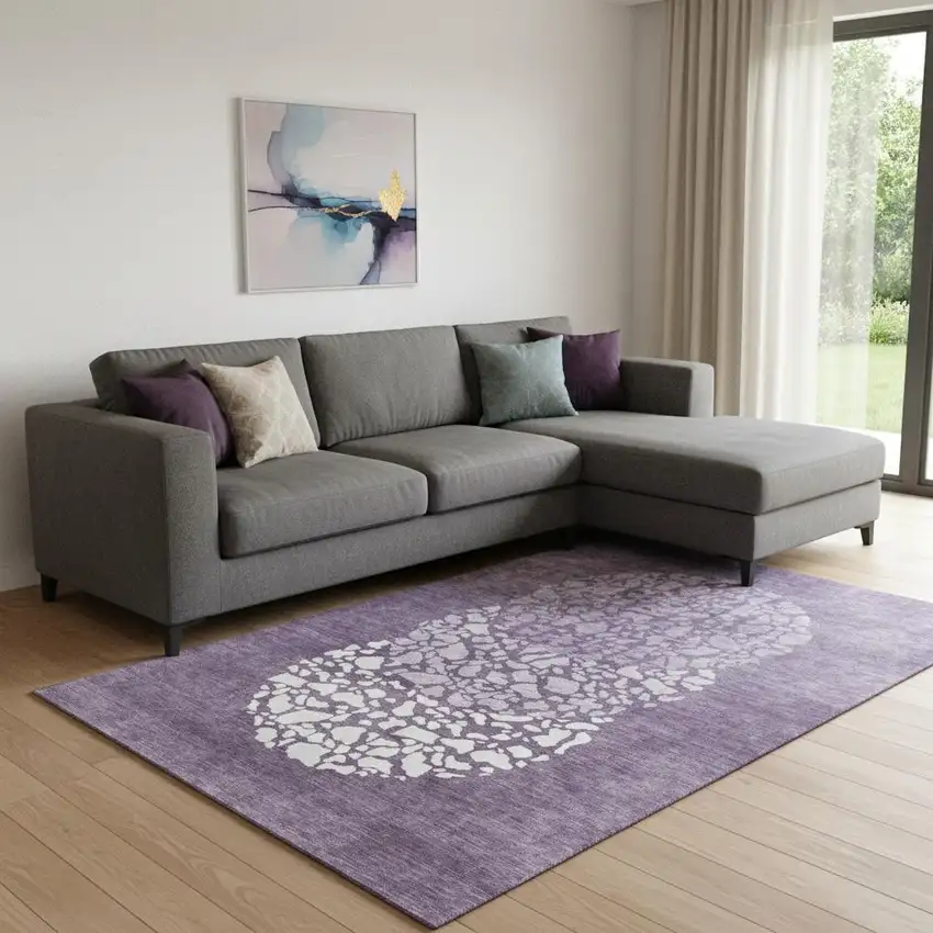 Eggplant And Ivory Abstract Washable Area Rug With UV Protection Photo 1