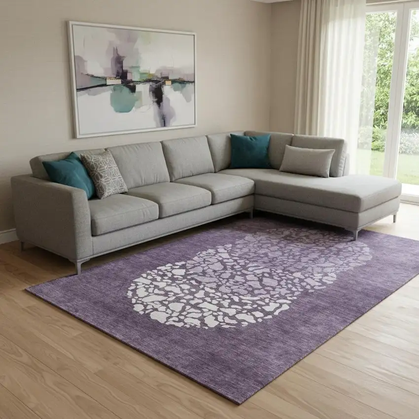 Eggplant And Ivory Abstract Washable Area Rug With UV Protection Photo 1