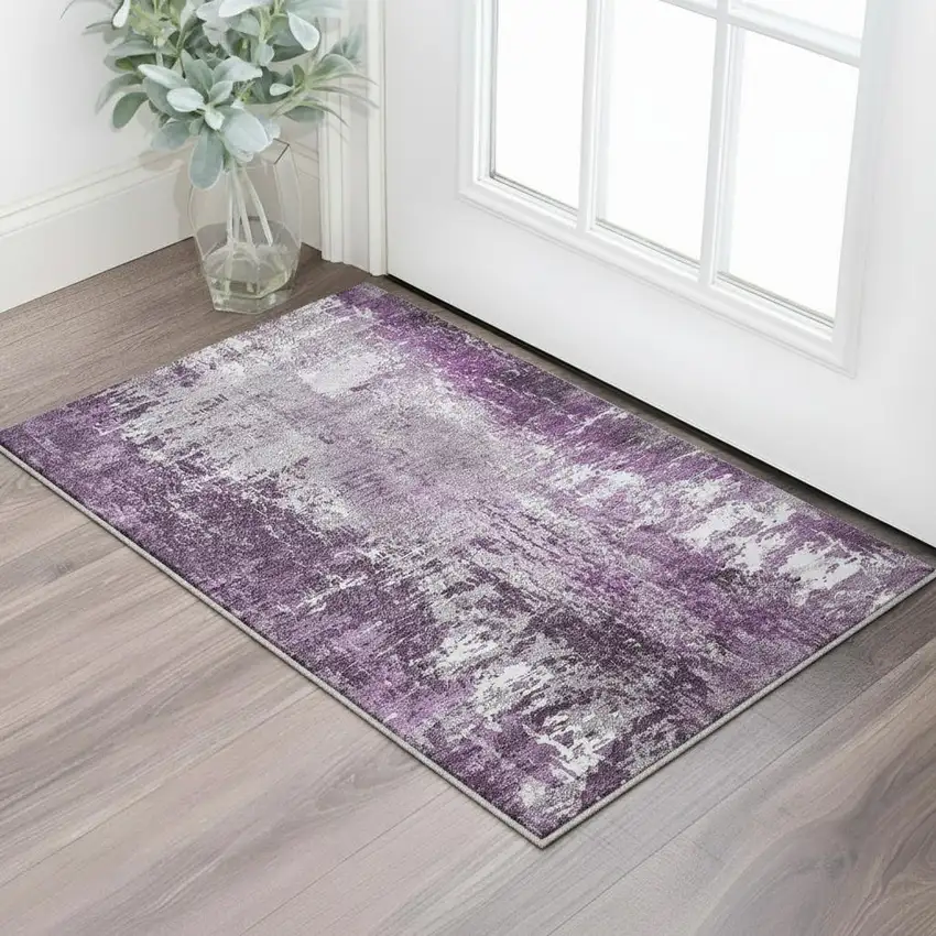 Eggplant And Ivory Abstract Washable Area Rug With UV Protection Photo 2