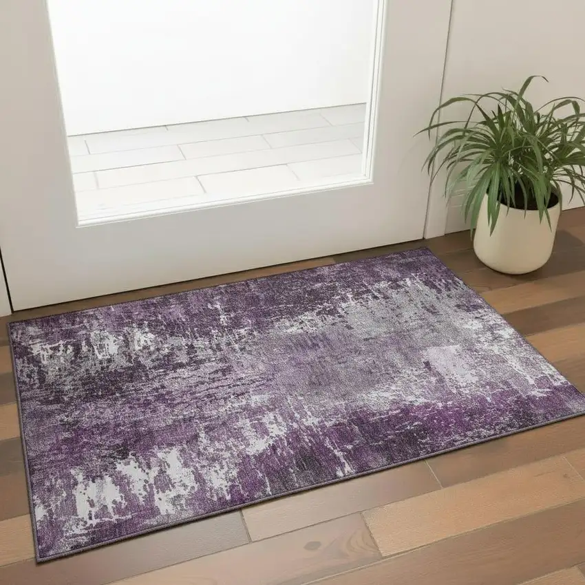 Eggplant And Ivory Abstract Washable Area Rug With UV Protection Photo 1
