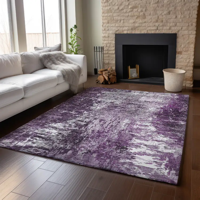 Eggplant And Ivory Abstract Washable Area Rug With UV Protection Photo 4