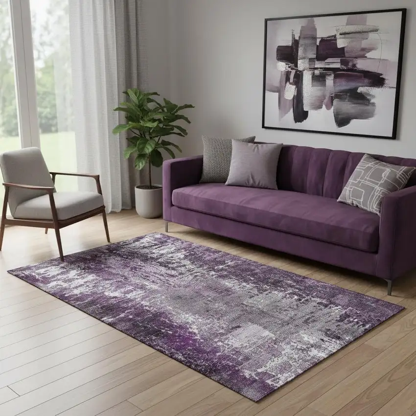 Eggplant And Ivory Abstract Washable Area Rug With UV Protection Photo 1