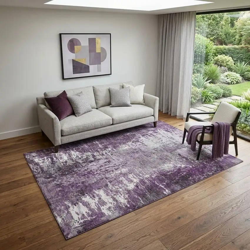 Eggplant And Ivory Abstract Washable Area Rug With UV Protection Photo 1