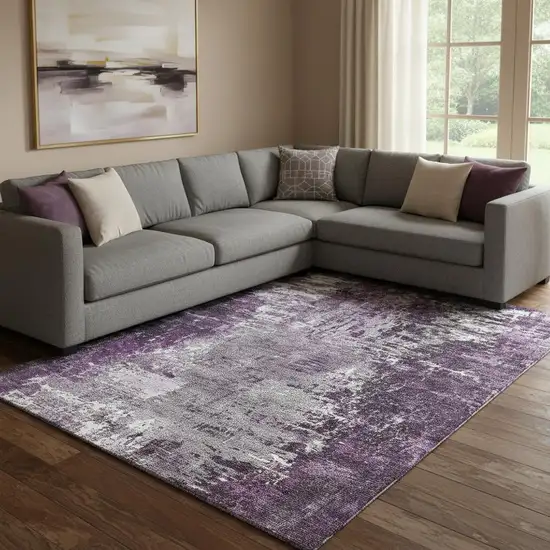 Eggplant And Ivory Abstract Washable Area Rug With UV Protection Photo 1