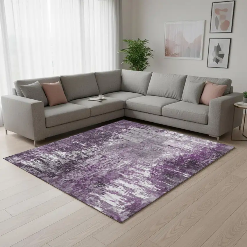 Eggplant And Ivory Abstract Washable Area Rug With UV Protection Photo 1