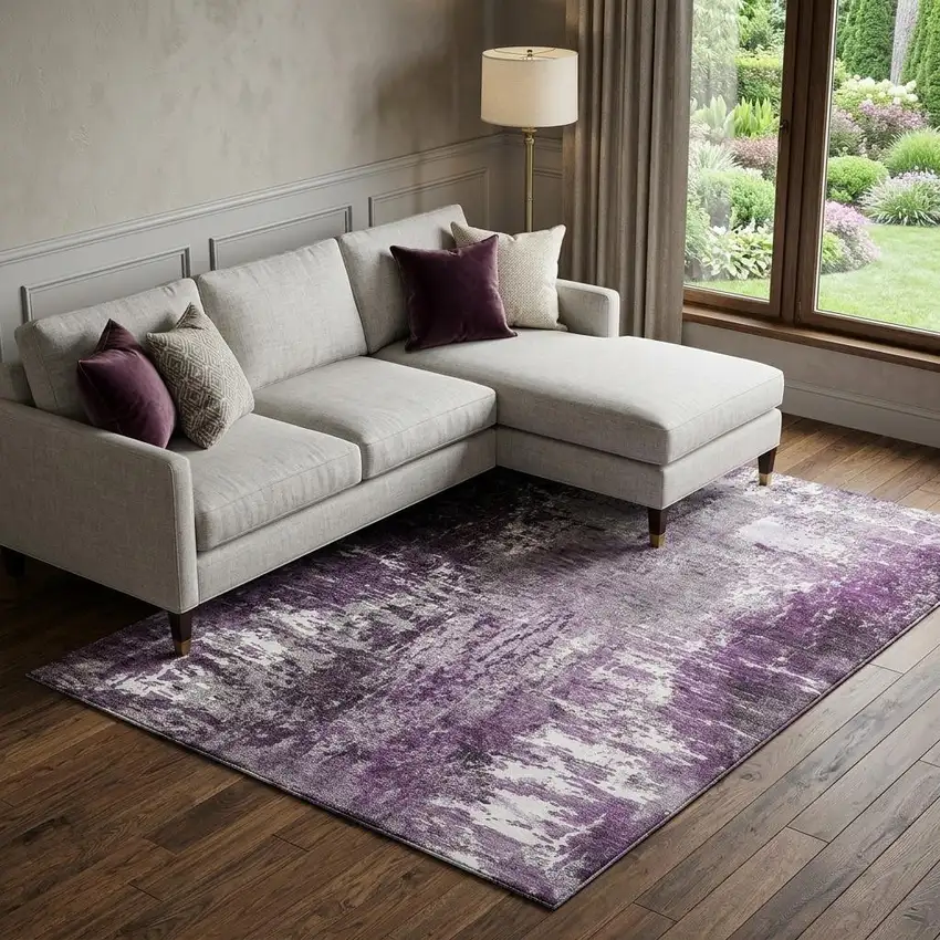 Eggplant And Ivory Abstract Washable Area Rug With UV Protection Photo 1