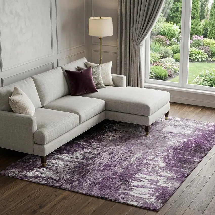 Eggplant And Ivory Abstract Washable Area Rug With UV Protection Photo 1