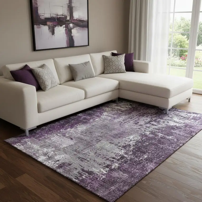 Eggplant And Ivory Abstract Washable Area Rug With UV Protection Photo 1