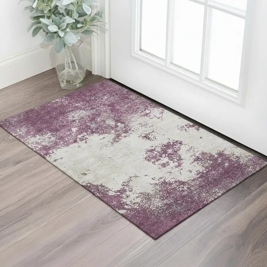 Eggplant And Ivory Abstract Washable Area Rug With UV Protection Photo 2