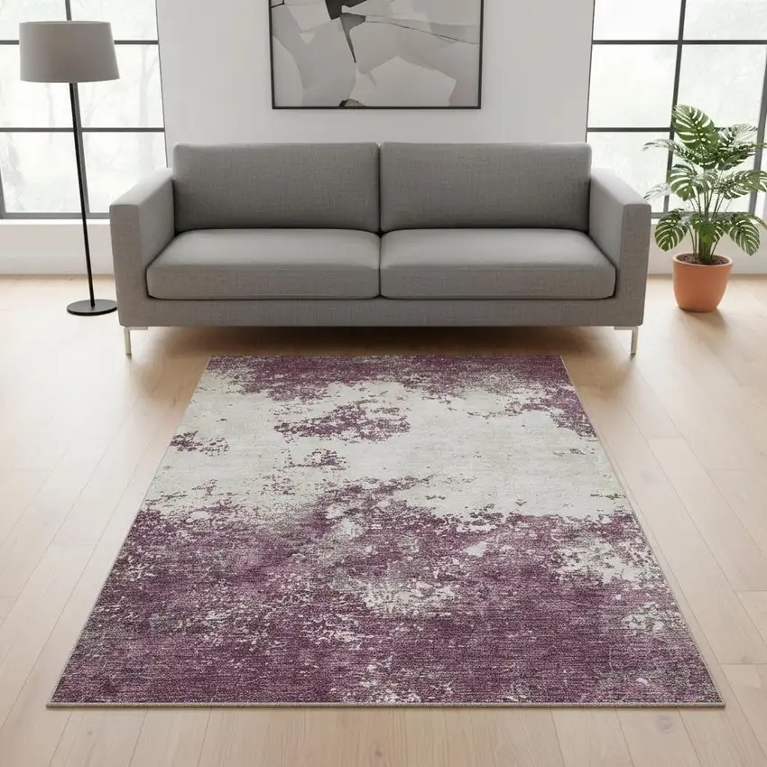 Eggplant And Ivory Abstract Washable Area Rug With UV Protection Photo 2