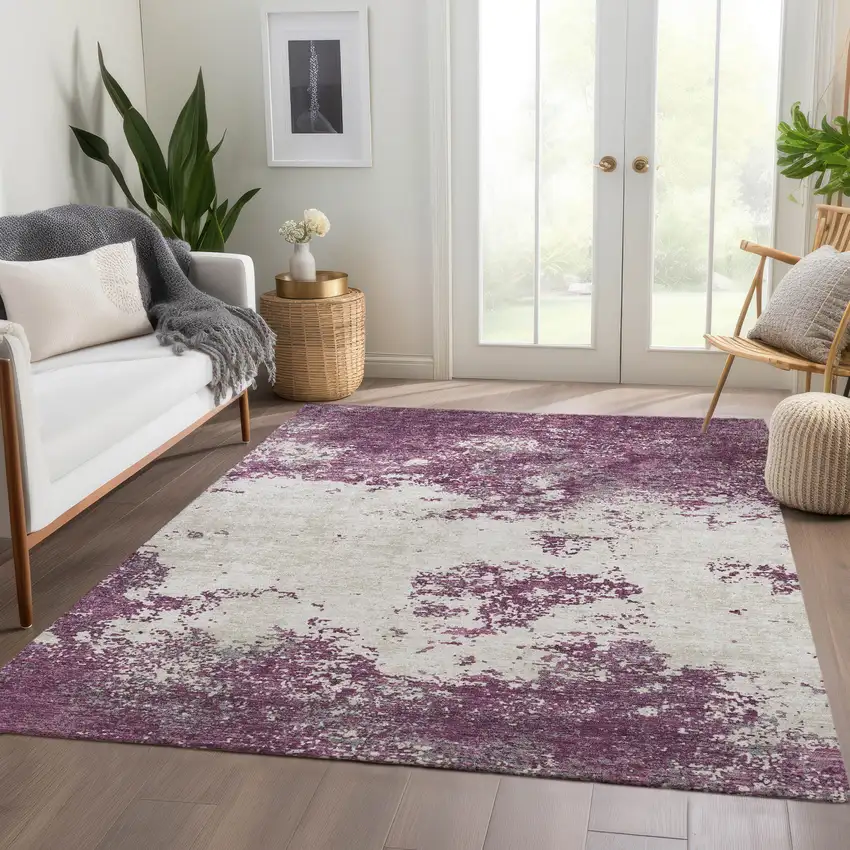 Eggplant And Ivory Abstract Washable Area Rug With UV Protection Photo 5