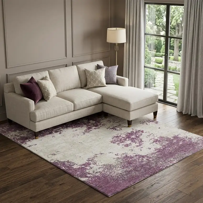 Eggplant And Ivory Abstract Washable Area Rug With UV Protection Photo 1