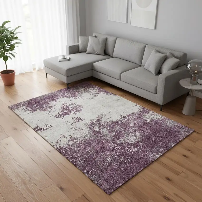 Eggplant And Ivory Abstract Washable Area Rug With UV Protection Photo 2