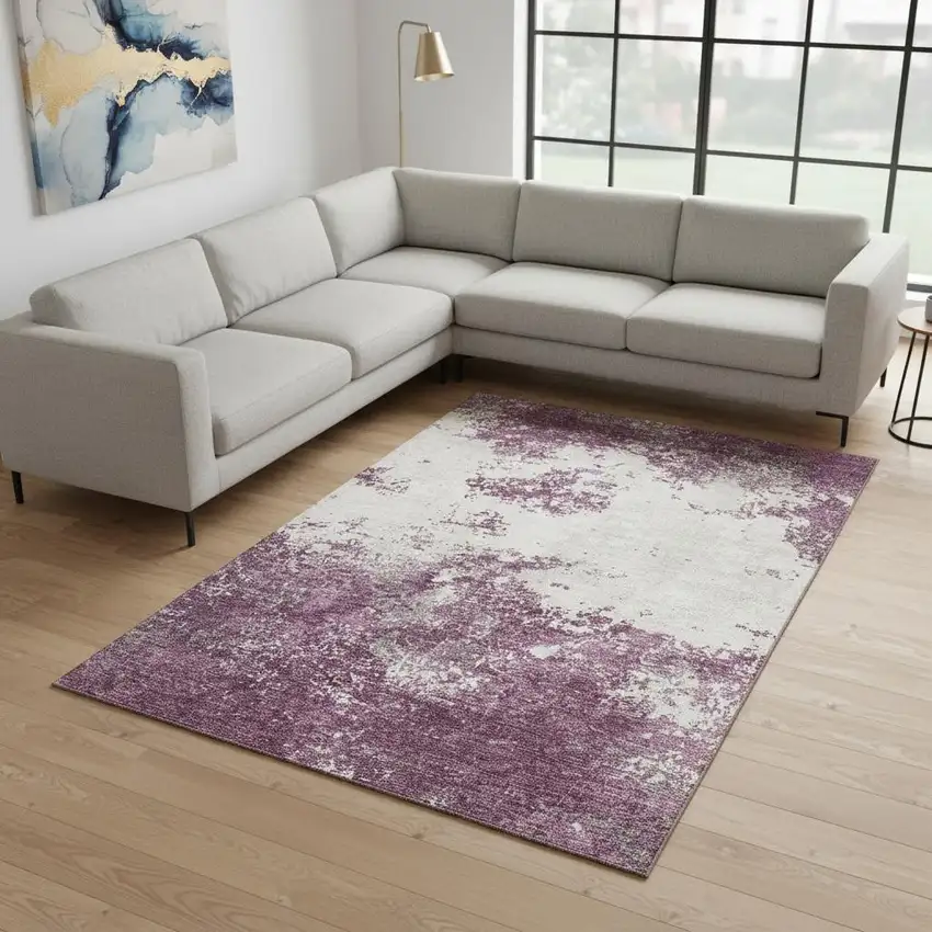 Eggplant And Ivory Abstract Washable Area Rug With UV Protection Photo 2