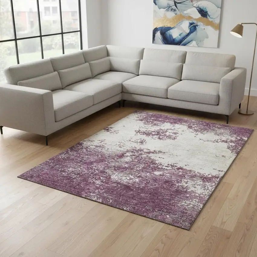 Eggplant And Ivory Abstract Washable Area Rug With UV Protection Photo 2