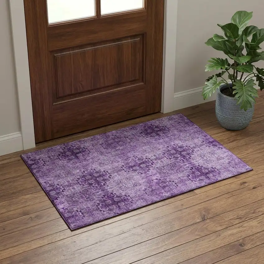 Eggplant And Ivory Floral Medallion Distressed Washable Area Rug With UV Protection Photo 1