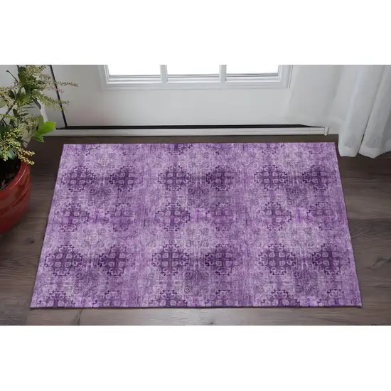 Eggplant And Ivory Floral Medallion Washable Area Rug With UV Protection Photo 2