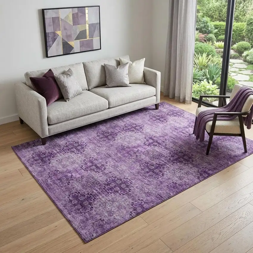 Eggplant And Ivory Floral Medallion Distressed Washable Area Rug With UV Protection Photo 1