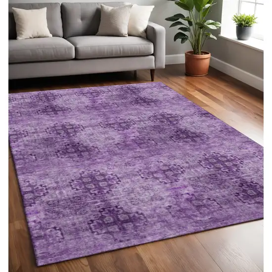 Eggplant And Ivory Floral Medallion Washable Area Rug With UV Protection Photo 2