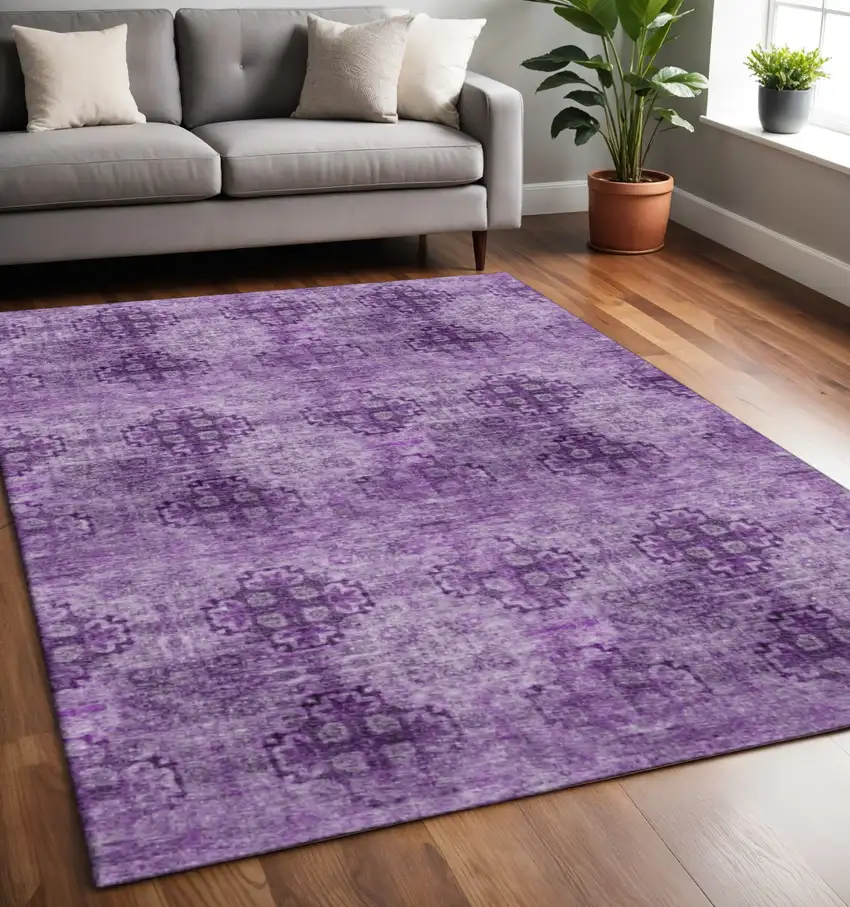 Eggplant And Ivory Floral Medallion Washable Area Rug With UV Protection Photo 2