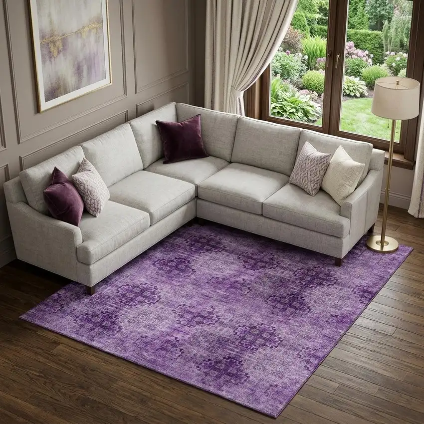 Eggplant And Ivory Floral Medallion Distressed Washable Area Rug With UV Protection Photo 1