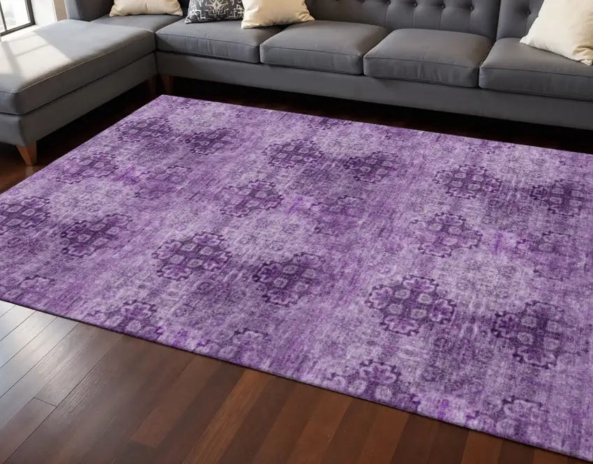 Eggplant And Ivory Floral Medallion Washable Area Rug With UV Protection Photo 2