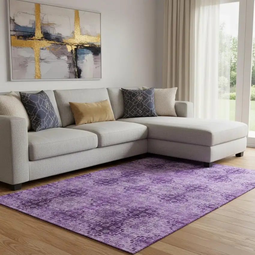 Eggplant And Ivory Floral Medallion Washable Area Rug With UV Protection Photo 1