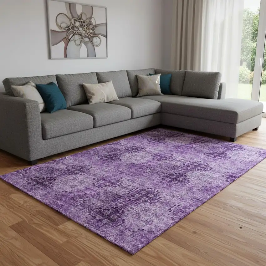 Eggplant And Ivory Floral Medallion Washable Area Rug With UV Protection Photo 1