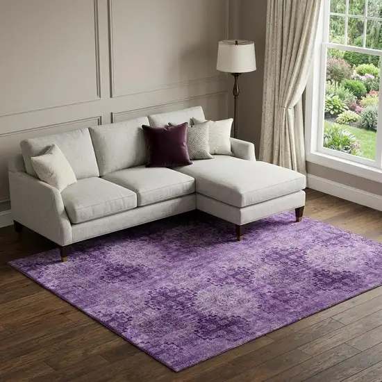 Eggplant And Ivory Floral Medallion Distressed Washable Area Rug With UV Protection Photo 1