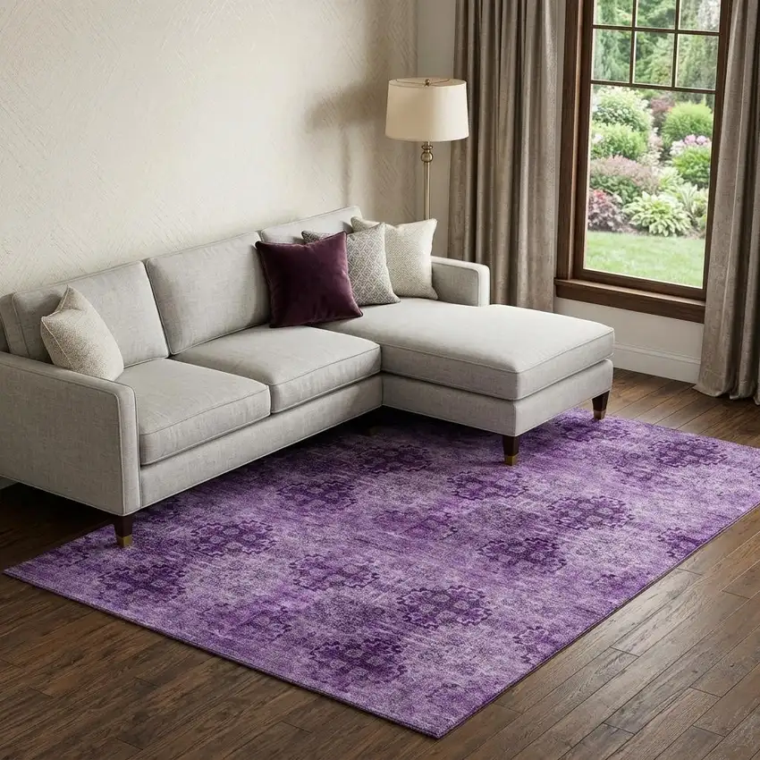 Eggplant And Ivory Floral Medallion Distressed Washable Area Rug With UV Protection Photo 1
