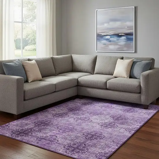 Eggplant And Ivory Floral Medallion Washable Area Rug With UV Protection Photo 1