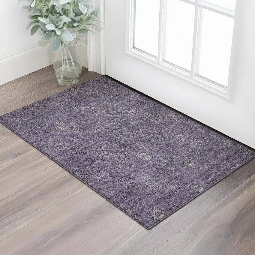 Eggplant And Ivory Floral Washable Area Rug With UV Protection Photo 1