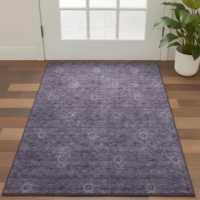 Eggplant And Ivory Floral Washable Area Rug With UV Protection Photo 2
