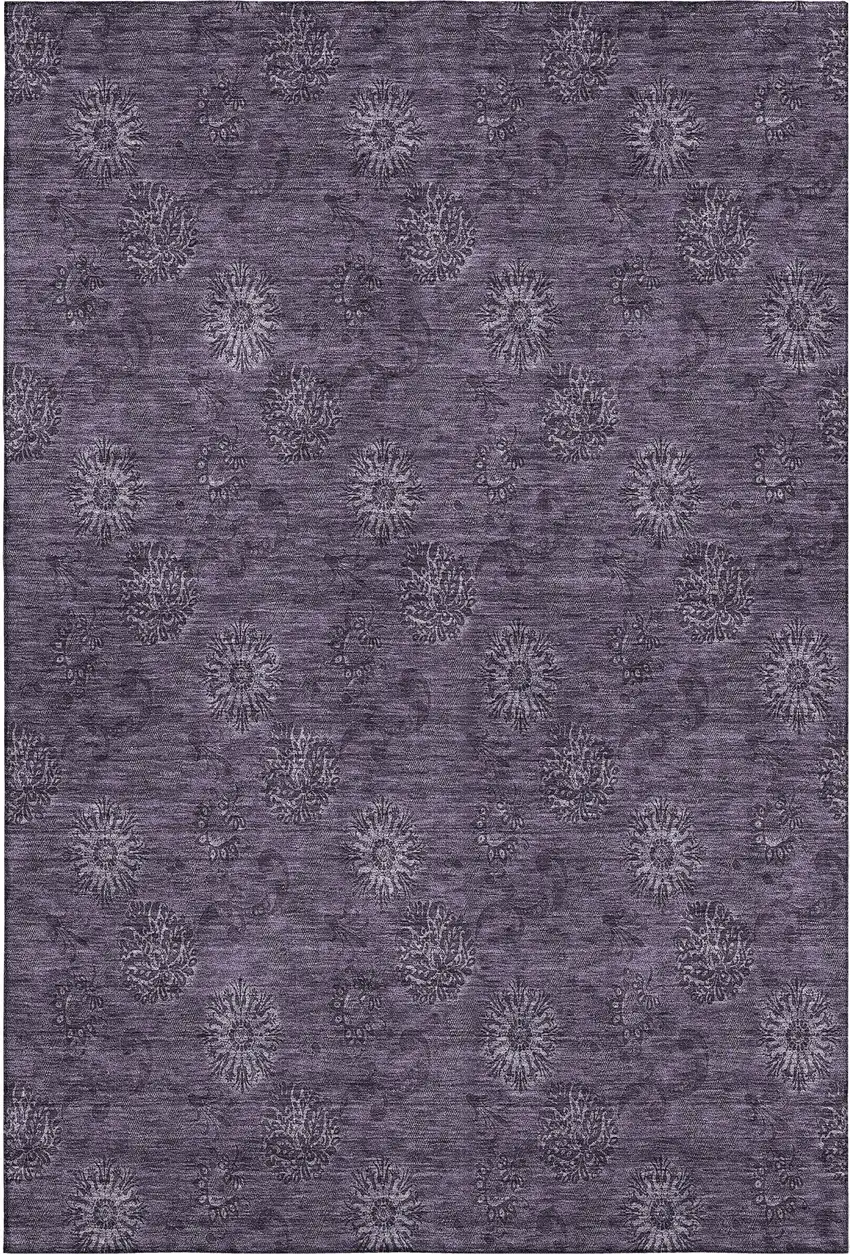 Eggplant And Ivory Floral Washable Area Rug With UV Protection Photo 1