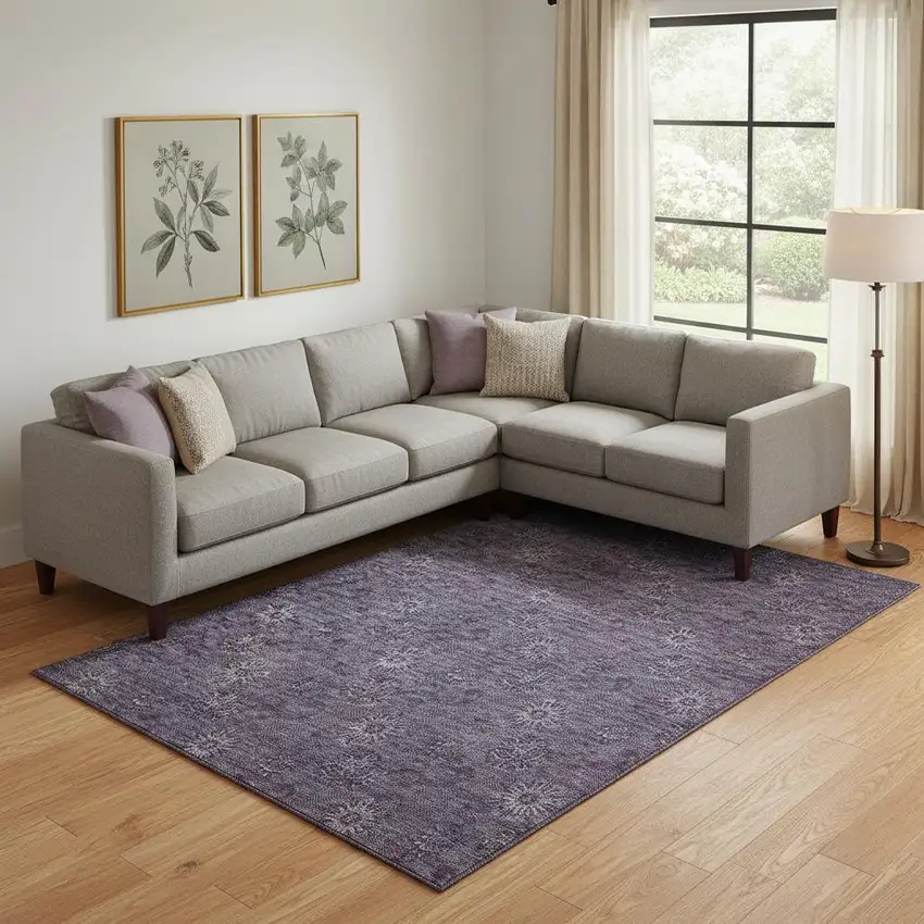 Eggplant And Ivory Floral Washable Area Rug With UV Protection Photo 1