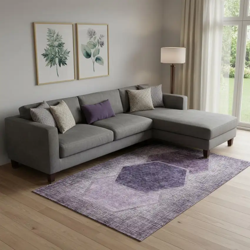 Eggplant And Ivory Geometric Washable Area Rug With UV Protection Photo 1