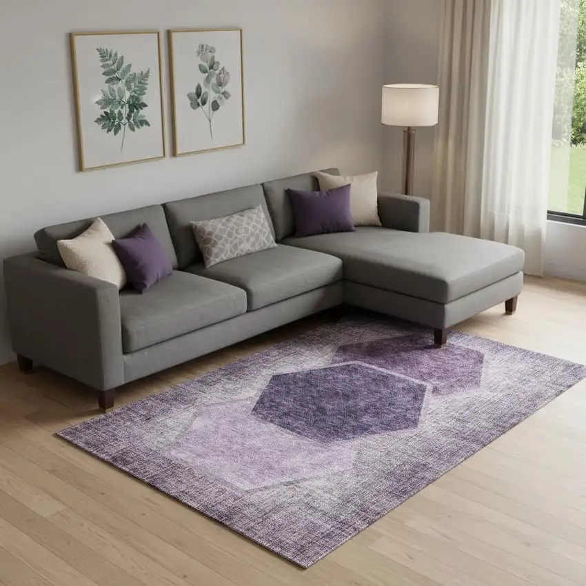 Eggplant And Ivory Geometric Washable Area Rug With UV Protection Photo 1