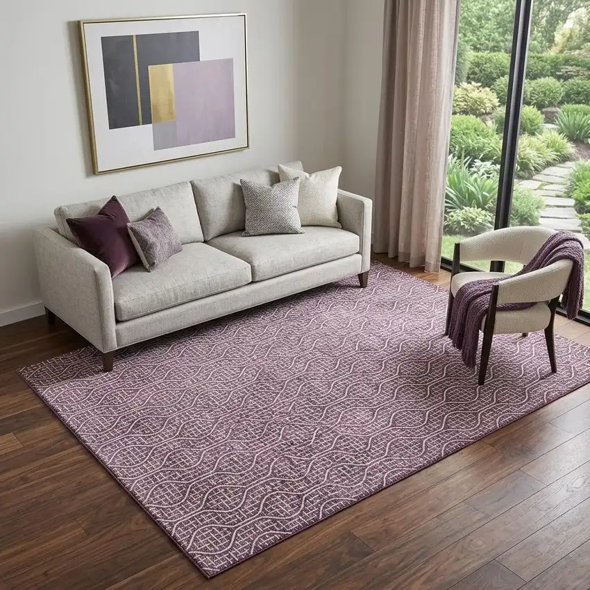 Eggplant And Ivory Geometric Washable Area Rug With UV Protection Photo 1