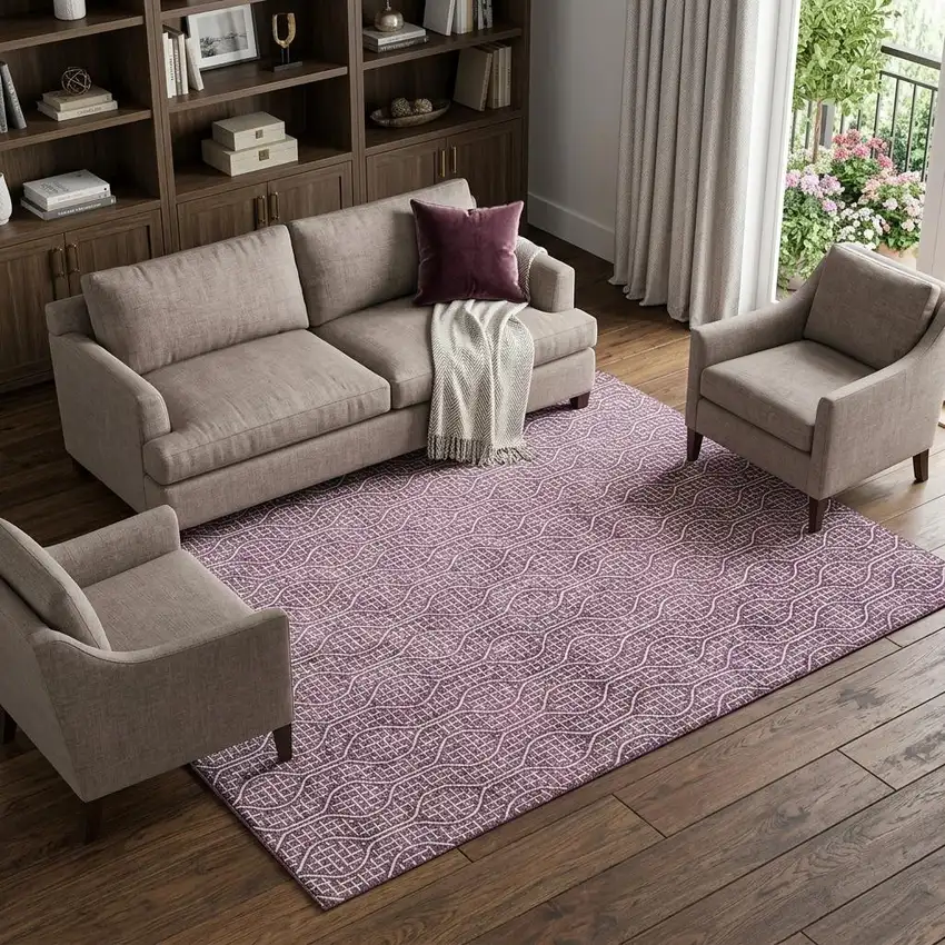 Eggplant And Ivory Geometric Washable Area Rug With UV Protection Photo 1